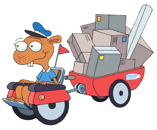 Coco with a wagon full of packages